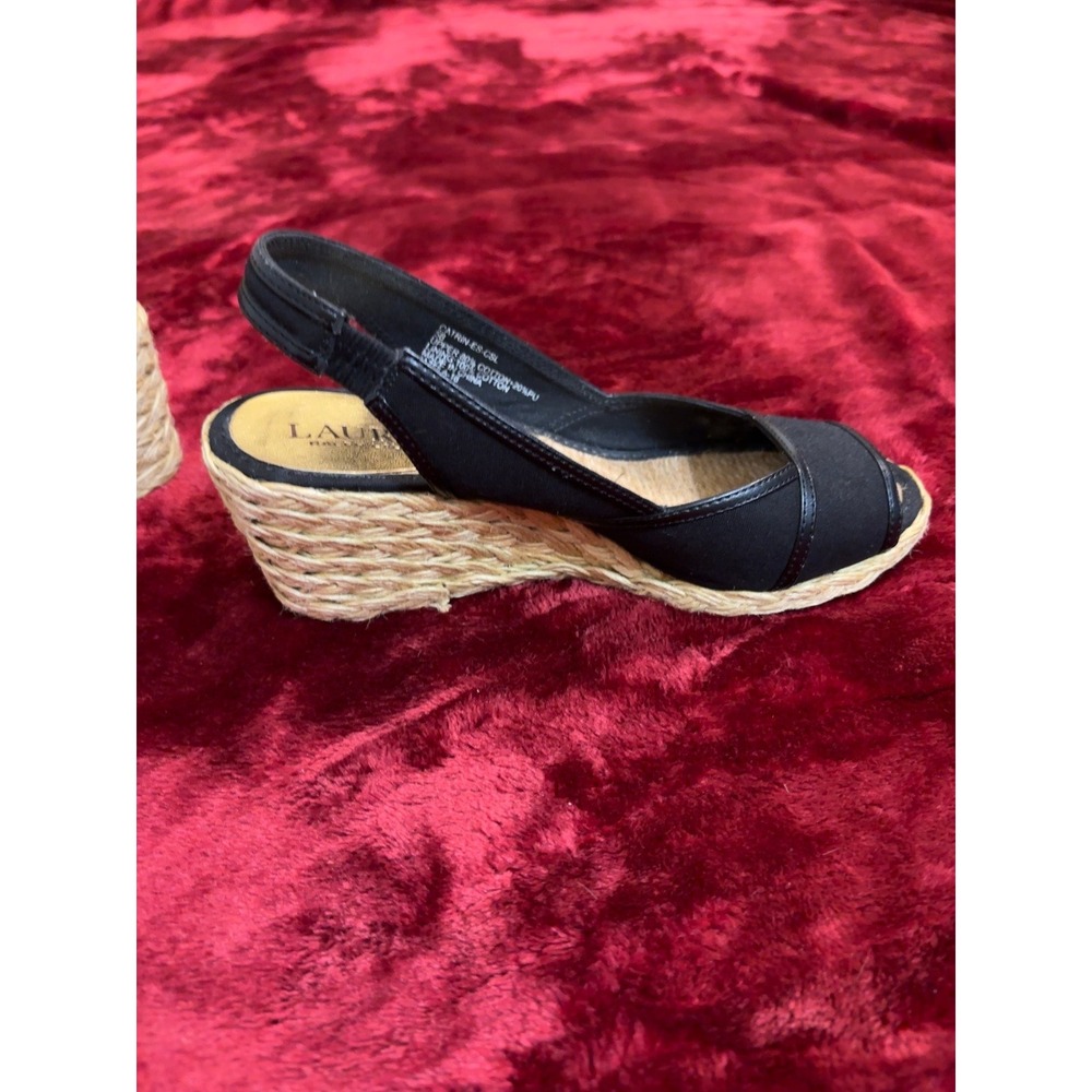 Lauren Ralph Lauren Catrin Black Espadrille Wedge Slingback Sandals Peep Toe 5B - Picture 8 of 9